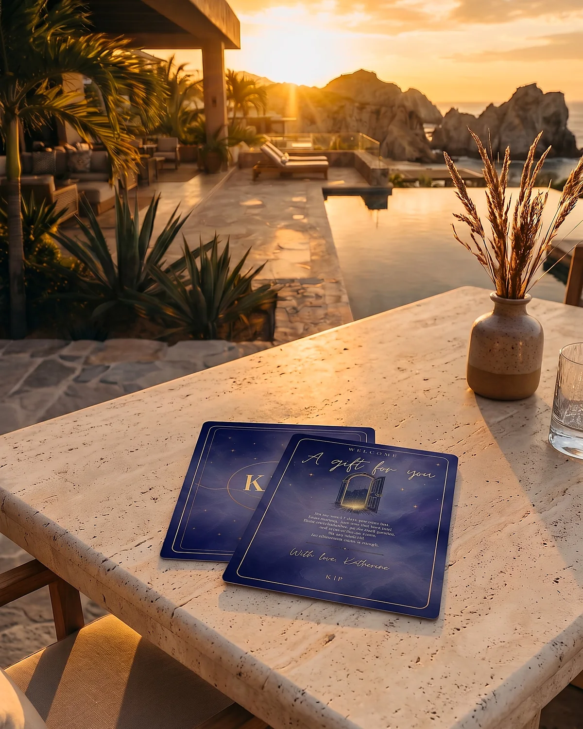 The Golden Thread cards on a travertine table overlooking an ocean terrace at golden hour