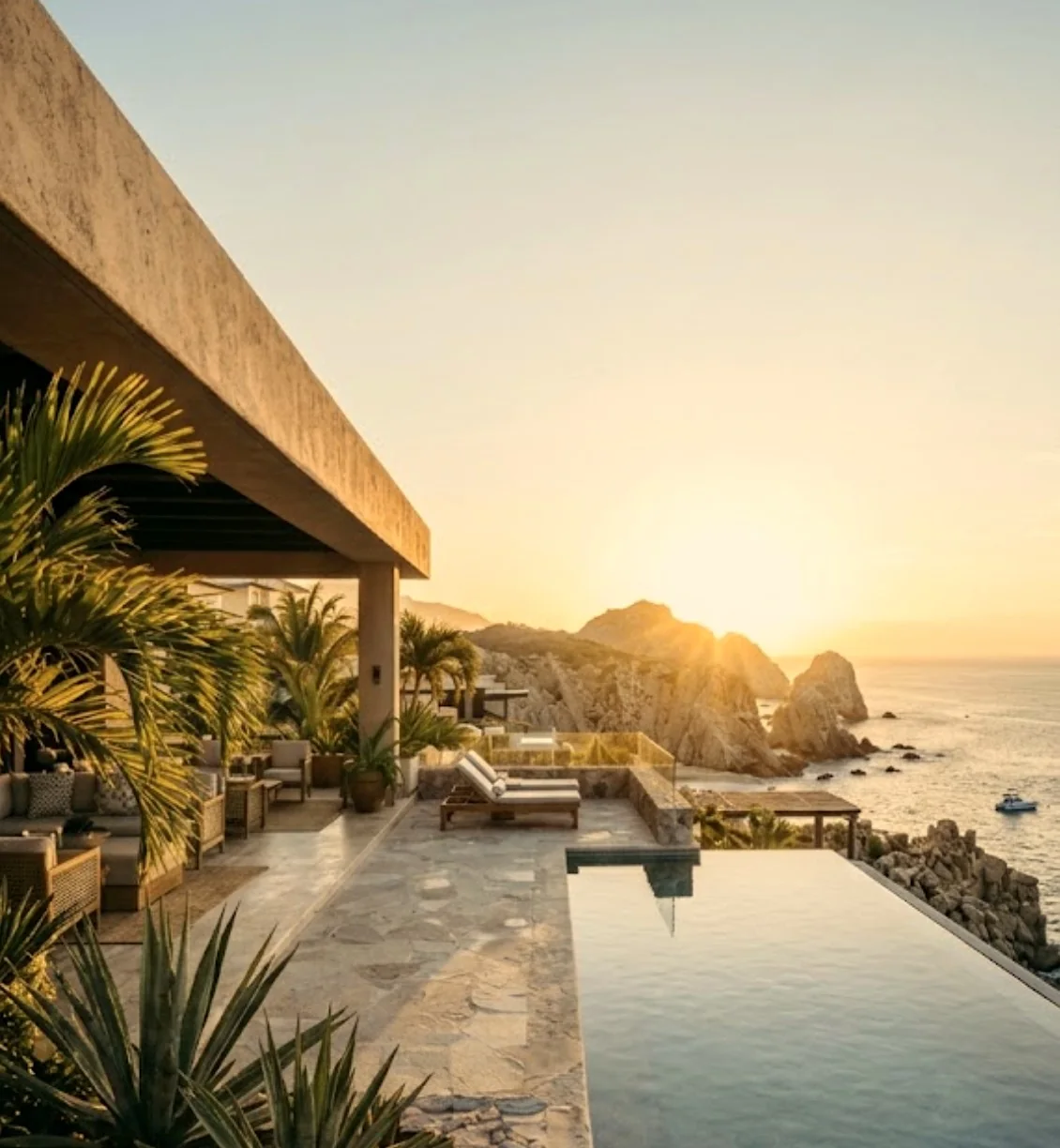 A clifftop terrace with palms and an infinity pool overlooking the open ocean as the sun rises over the rocks