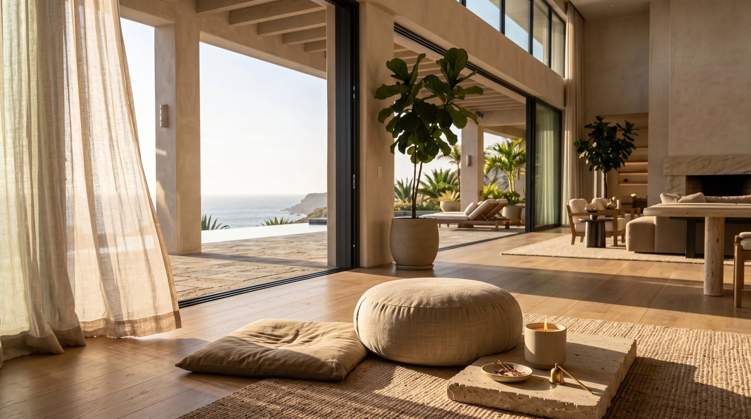 A linen meditation cushion and a lit candle on a travertine tray, in a sunlit room with sheer curtains and an ocean view
