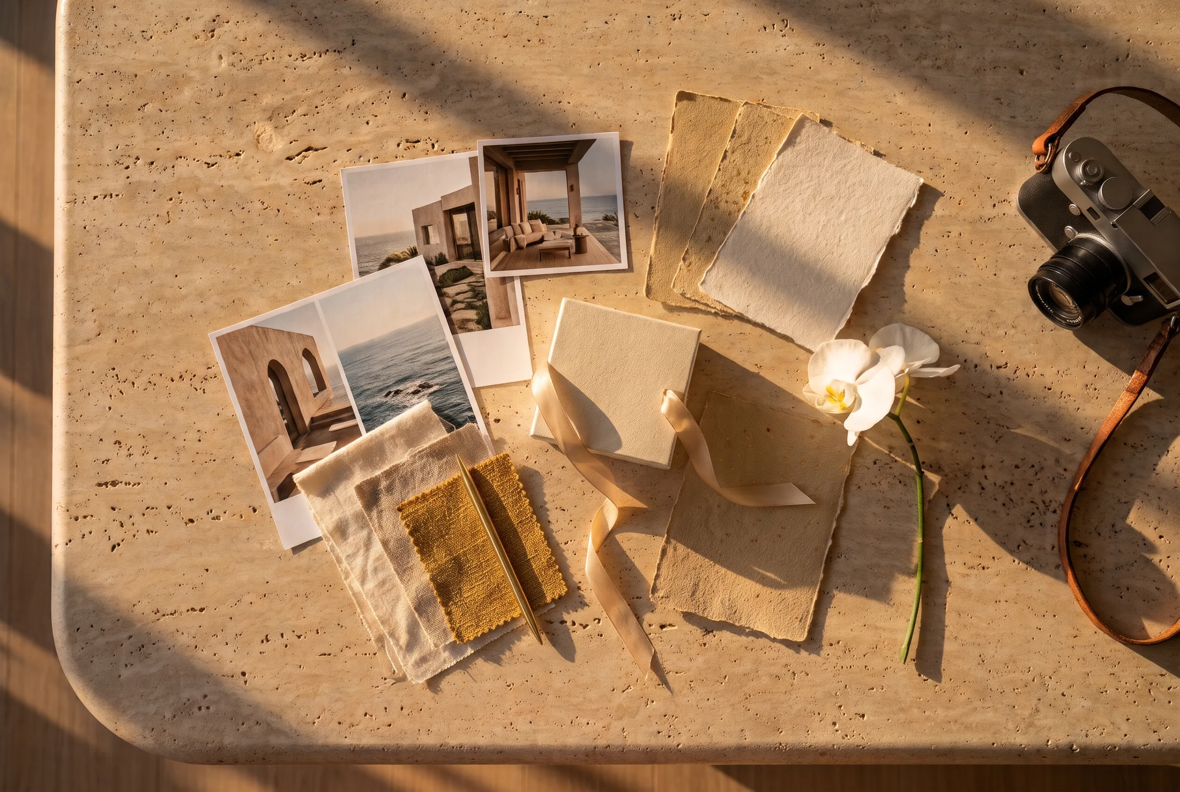 A creative studio table in golden light: mood-board prints of coastal villas, linen and gold fabric swatches, handmade papers, a ribboned gift box, a gold pen, an orchid and a camera